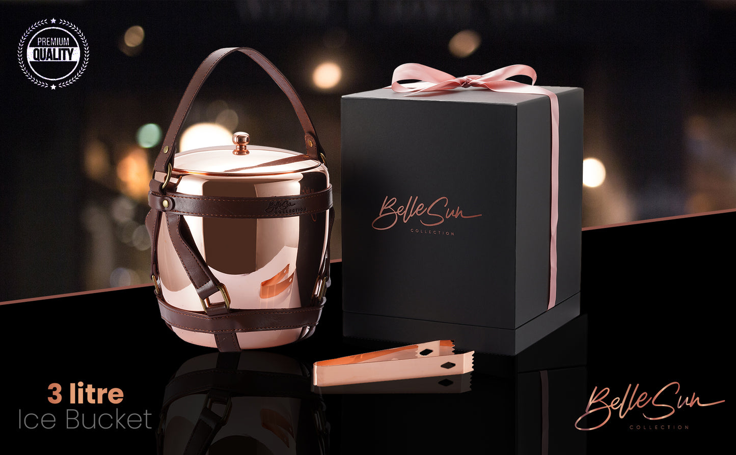 High-End 3 Litre Stainless Steel Ice Bucket with Vegan Leather Straps and Matching Ice tongs (Rose Gold)