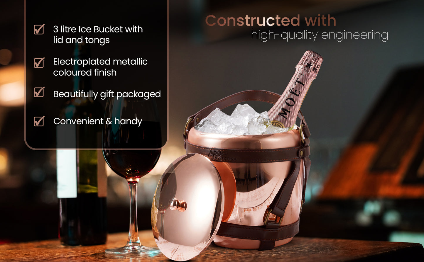 High-End 3 Litre Stainless Steel Ice Bucket with Vegan Leather Straps and Matching Ice tongs (Rose Gold)