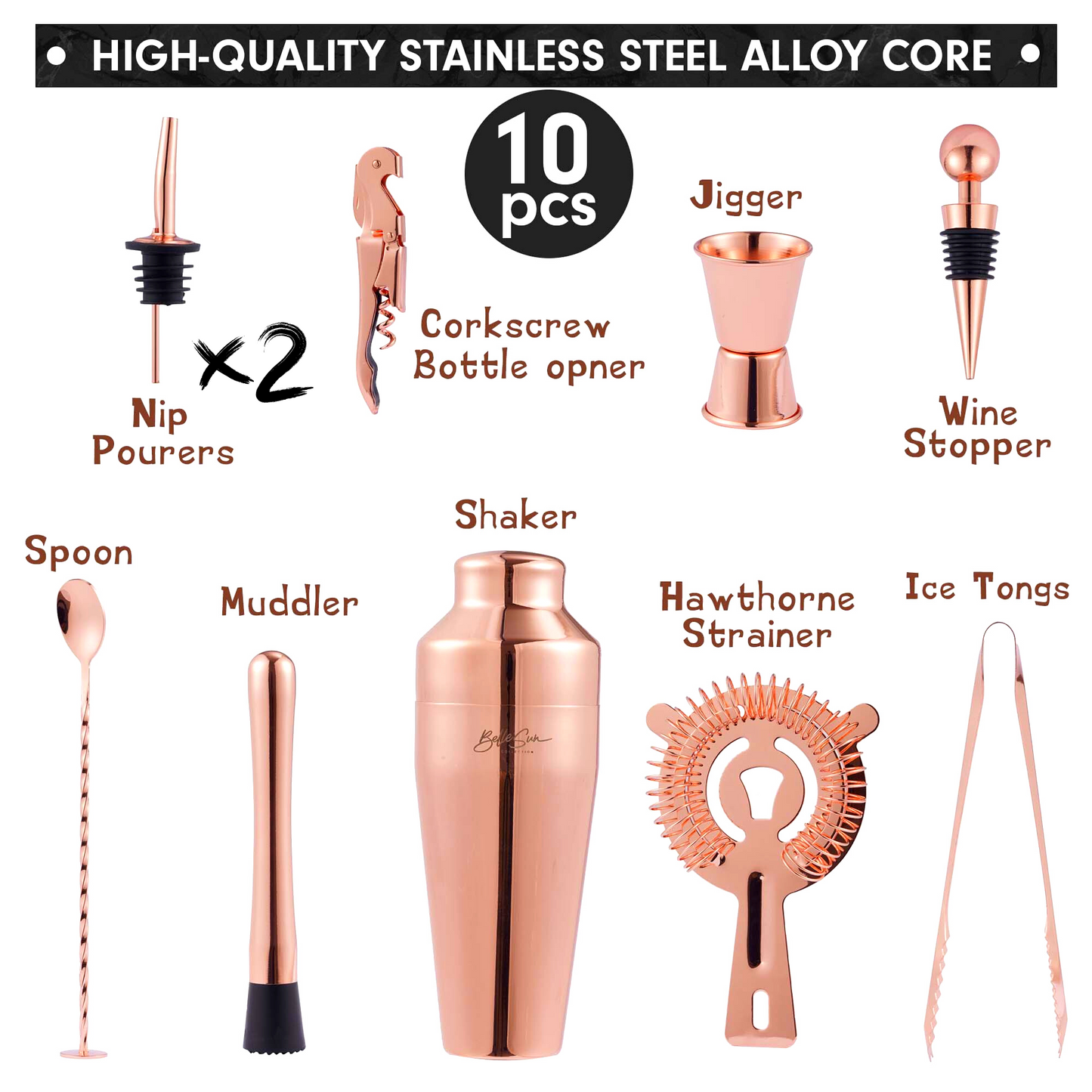 Mixology Rose Gold Cocktail Shaker Set with Rustic Bamboo Stand