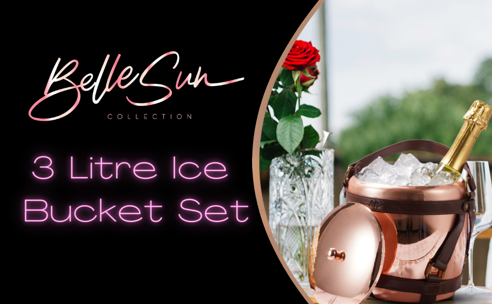 High-End 3 Litre Stainless Steel Ice Bucket with Vegan Leather Straps and Matching Ice tongs (Rose Gold)