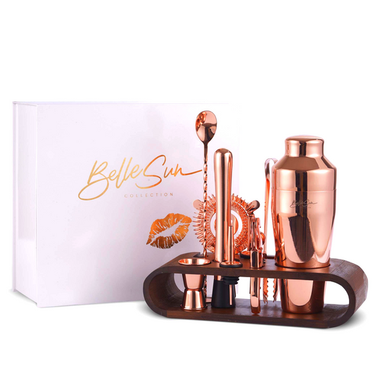 Mixology Rose Gold Cocktail Shaker Set with Rustic Bamboo Stand