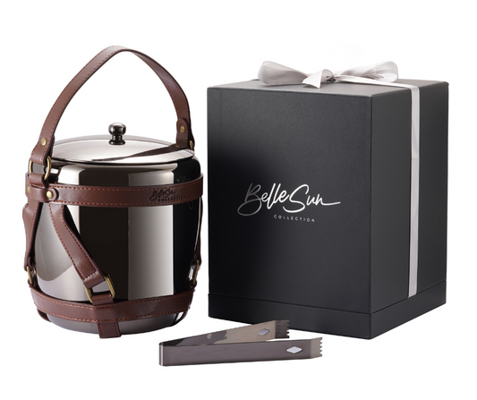 High-End 3 Litre Stainless Steel Ice Bucket with Vegan Leather Straps and Matching Ice tongs (Gun Metal Black)