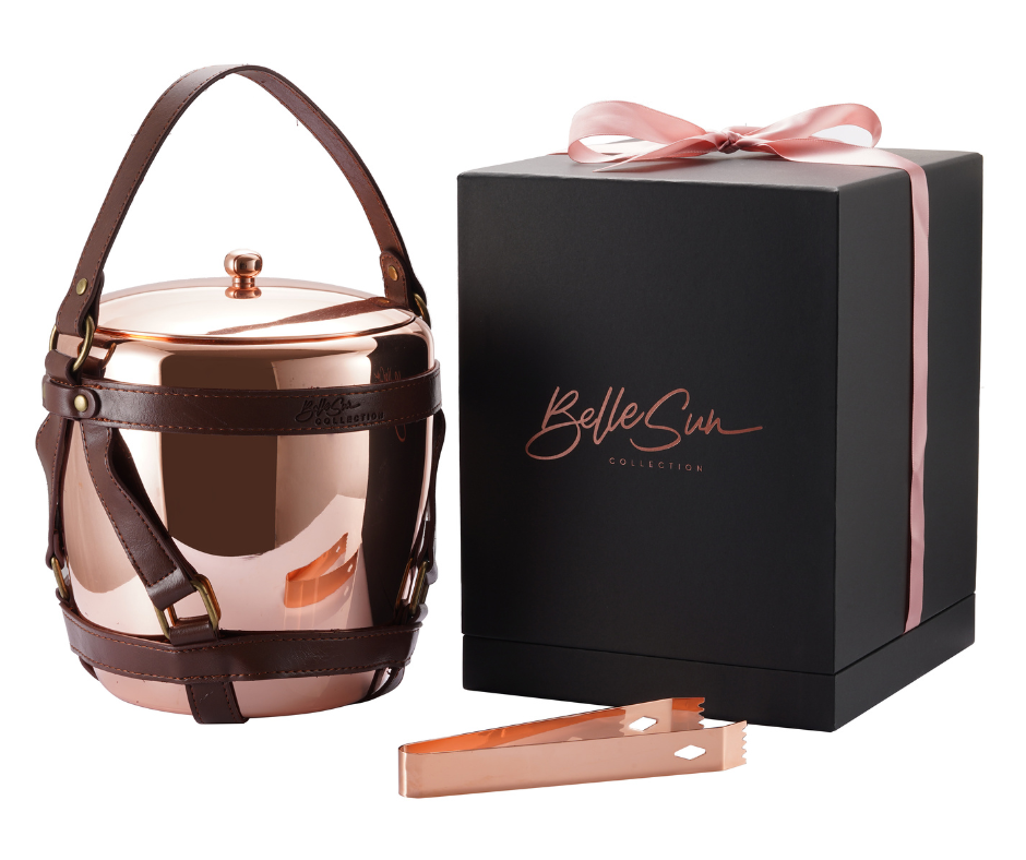 High-End 3 Litre Stainless Steel Ice Bucket with Vegan Leather Straps and Matching Ice tongs (Rose Gold)