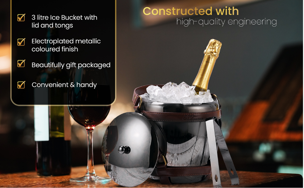 High-End 3 Litre Stainless Steel Ice Bucket with Vegan Leather Straps and Matching Ice tongs (Gun Metal Black)